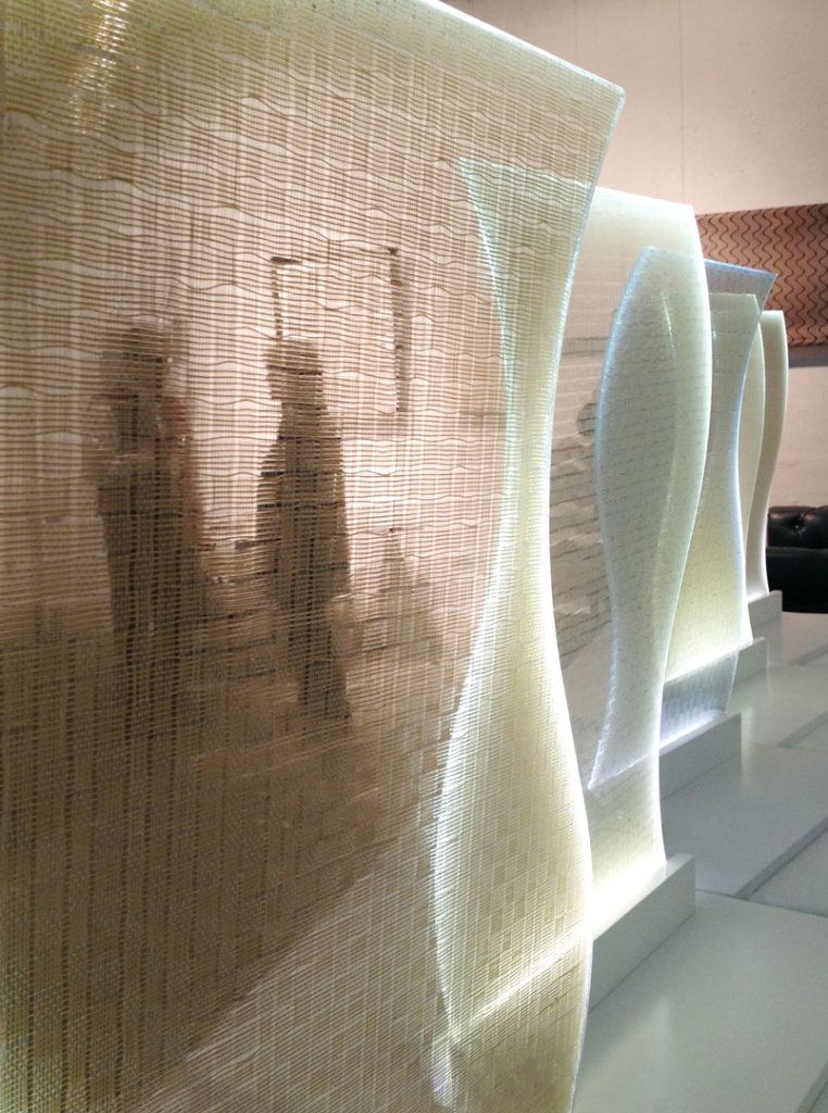 Close architectural view of illuminated textile laminated glass