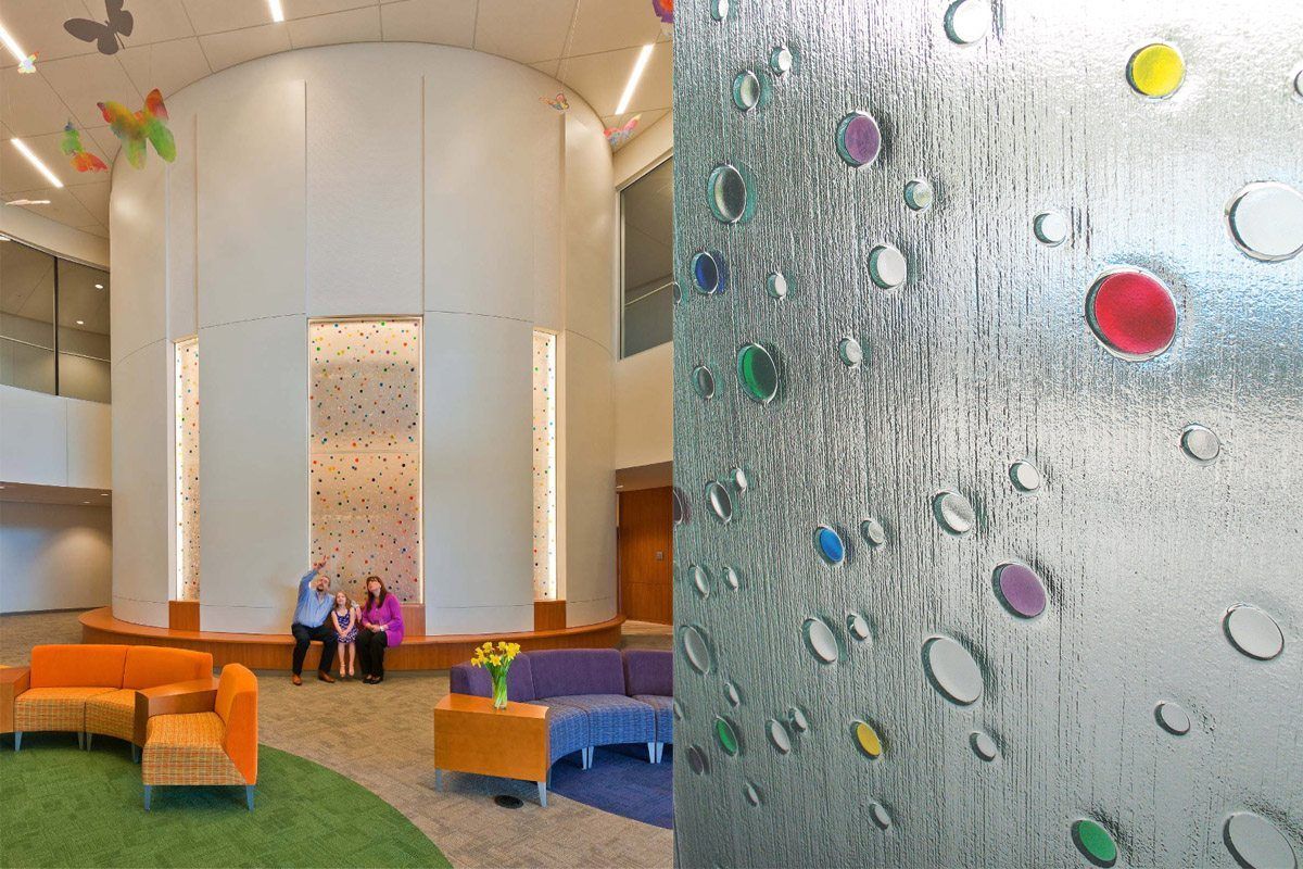 Kiln-formed artistic glass installation in a healthcare lobby